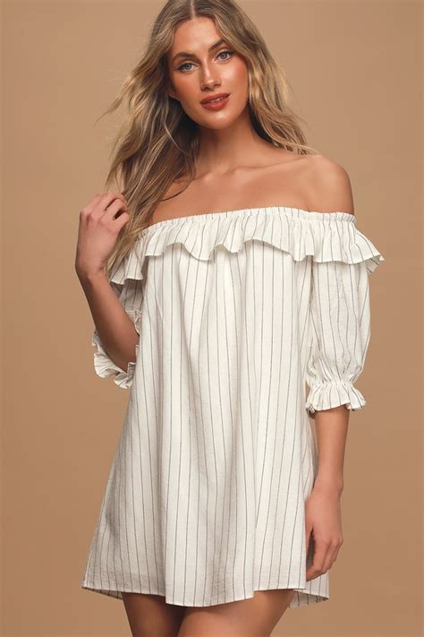 Cute White Dress Striped Dress Off The Shoulder Dress Mini Lulus