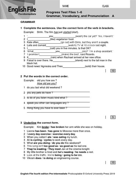 Progress Test Files 1 6 Grammar Vocabulary And Pronunciation A