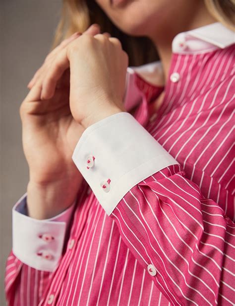 Women S Pink White Stripe Semi Fitted Shirt With White Collar Cuff