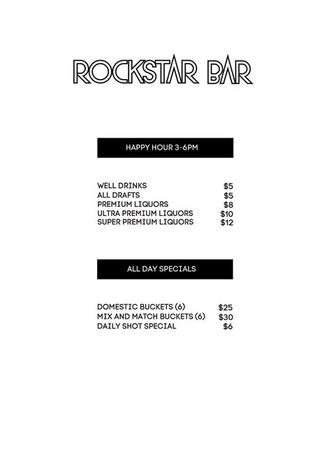 Rockstar Bar Happy Hour Menu Daily 4pm To 7pm Rockstar Bar