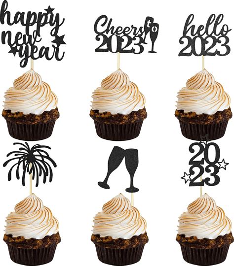 Amazon Happy New Year Cupcake Toppers Black Glitter New Years