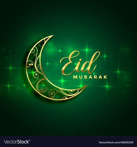 Eid Mubarak Golden Moon And Sparkles Green Vector Image