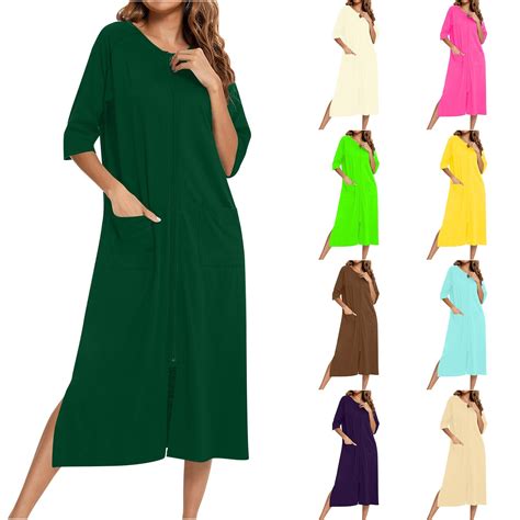 Horkkom House Dresses for Women with Pockets 3/4 Sleeve Zipper Midi