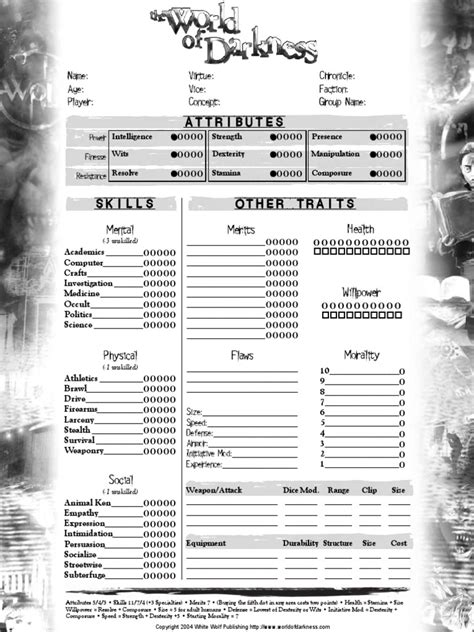 New World of Darkness Character Sheet 1 page interactive