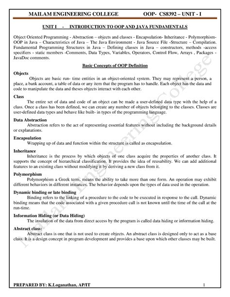 CS8392 OOPS Unit 1 UNIT I INTRODUCTION TO OOP AND JAVA