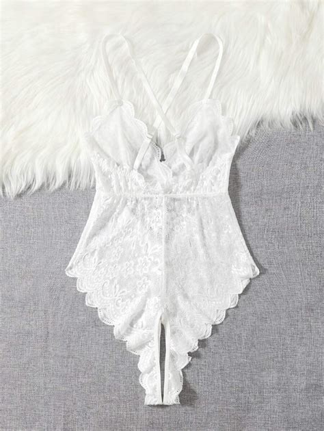 Classic Sexy Plus Bow Front Scallop Trim Lace Crotchless Teddy Bodysuit