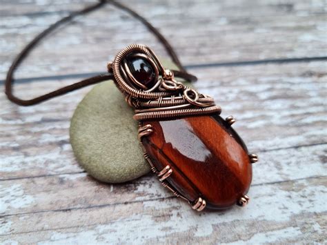 Garnet And Red Tigers Eye Wire Wrapped Pendant Copper And Stone