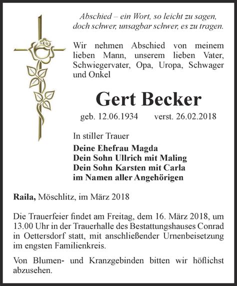 Traueranzeigen Von Gert Becker Trauer In Thueringen De