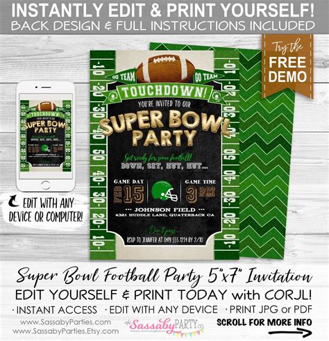 Football Super Bowl Party Invitation INSTANT DOWNLOAD Edit - Etsy