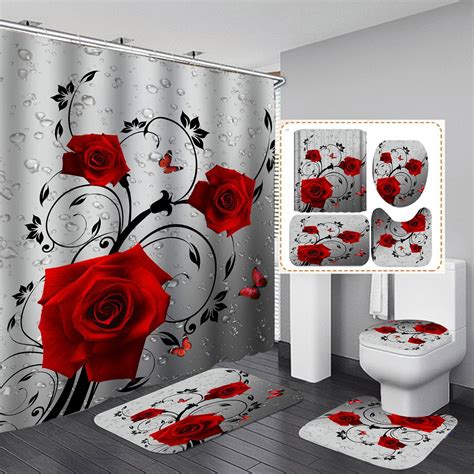 4pcs Red Rose Shower Curtain Set Waterproof Polyester Fabric With Non