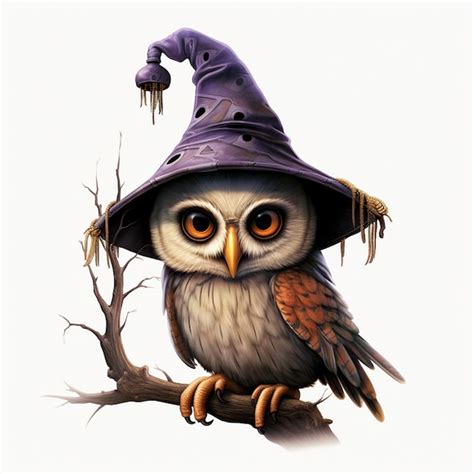 Premium Photo There Is A Cartoon Owl Wearing A Witch Hat On A Branch