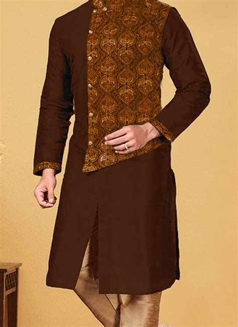 Shop Brown Dupion Silk Embroidered Kurta Pyjama Party Wear Online At