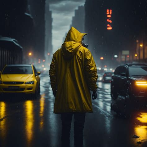 Premium Ai Image A Man In A Yellow Raincoat Is Walking In The Rain In