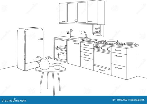 Coloring Book With Kitchen Vector Illustration