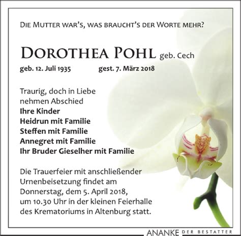 Traueranzeigen Von Dorothea Pohl Trauer Anzeigen De