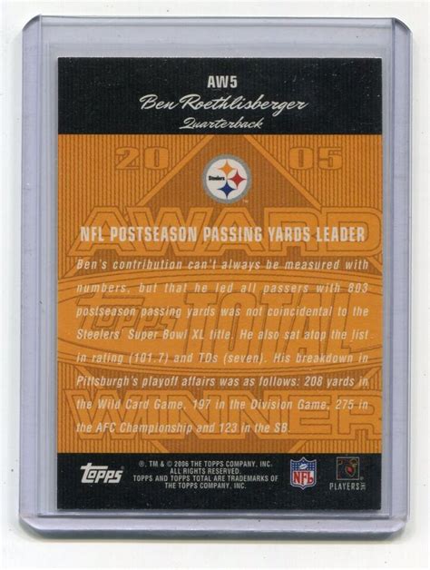 BEN ROETHLISBERGER STEELERS 2006 TOPPS TOTAL AWARD WINNER INSERT CARD