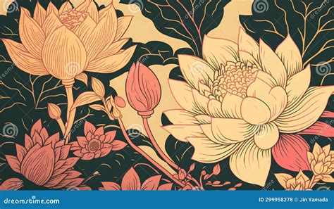 Seamless Pattern With Lotus Flowers And Leaves Vector Illustration