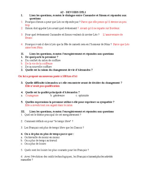 Devoirs QQDCV A2 DEVOIRS D5L I Lisez les questions écoutez le