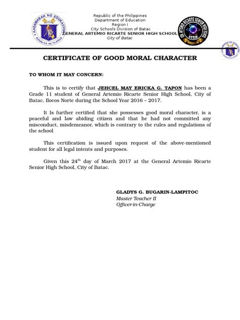 Certificate Of Good Moral Character