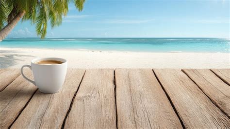 Una Taza De Caf Humeante Se Sienta En Una Mesa De Madera Con Vistas A