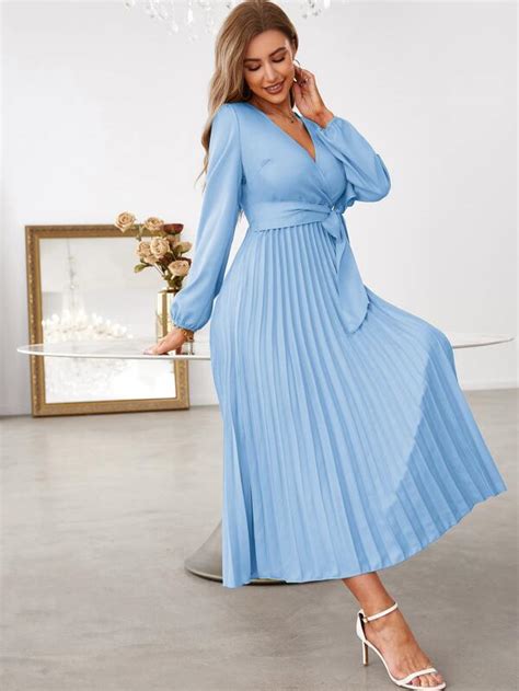 Shein Modely Surplice Neck Lantern Sleeve Belted Pleated Hem Dress