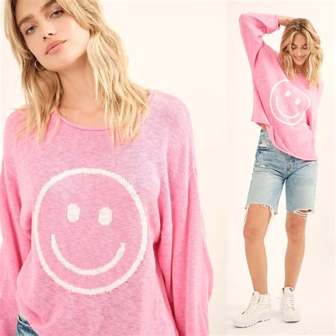 Marissa Smiley Knit Sweater Bubble Gum Pink Crewneck Sweater Fall Sweater Smiley Knit Sweater Etsy