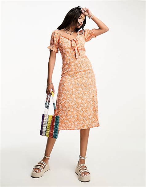 Influence Tie Front Midi Dress In Orange Floral Print Asos