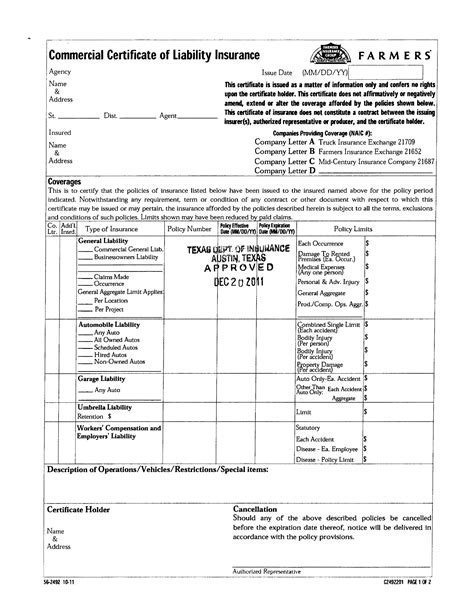 Certificate Of Insurance Template