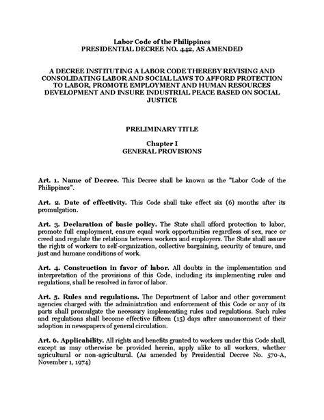 Pd Labor Code Of The Philippines Labor Code Of The Philippines