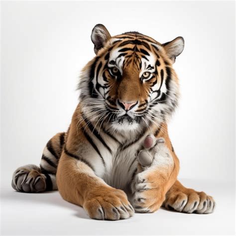 Premium Photo | A tiger laying down with its paw up in front of a white ...