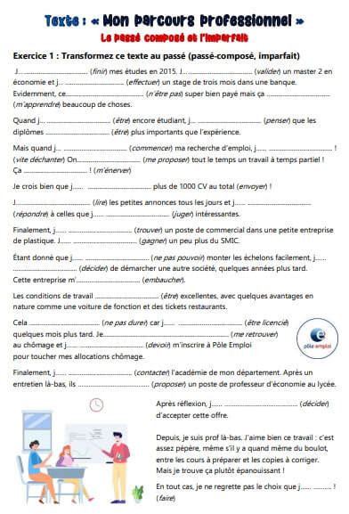 Texte à Compléter Sur Le Passé Composé Et Limparfait Mon Parcours Professionnel