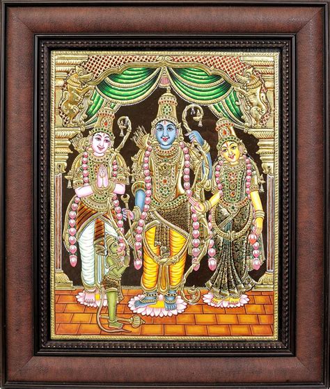 Lord Rama With Mata Sita Lakshman Ji And Hanuman Ji Framed Tanjore