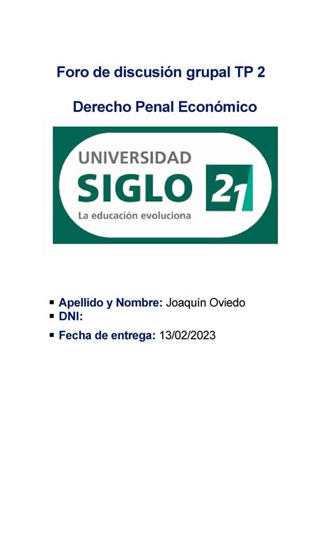 Foro de discusión grupal TP 2 Derecho Penal Economico Foro de