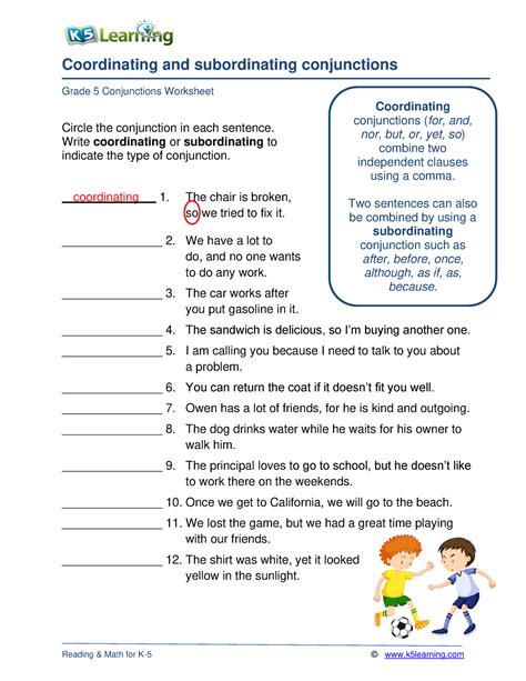 Grade 5 Conjunctions A For Reference Coordinating And Subordinating Conjunctions Grade 5