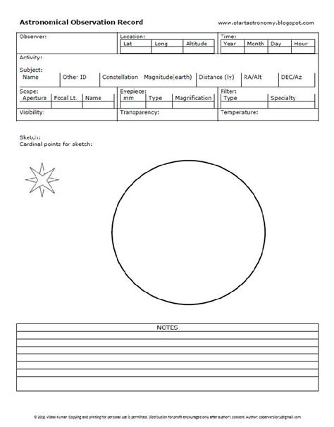 I Want To Be An Astronomer Astronomical Observation Record Sheet