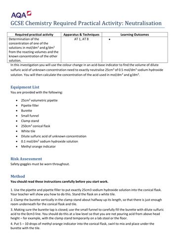 New 2016 Aqa Chemistry Required Practical Sheet Neutralisation