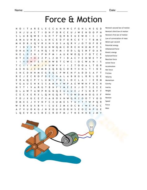 The Force And Motion Word Search Is Shown With An Image Of A Light Bulb