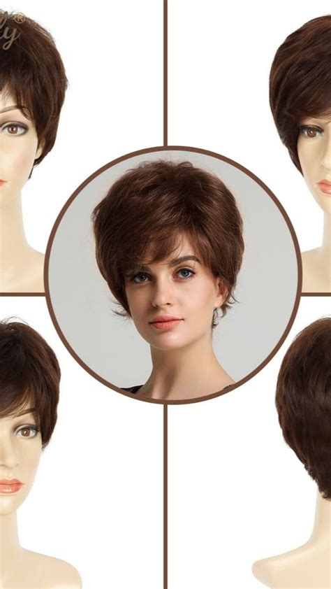 Creamily Short Brown Pixie Cut Wigs With Bangs Layered Pixie Short Wavy