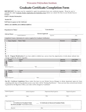 Fillable Online Graduate Certificate Completion Form Wpi Fax Email