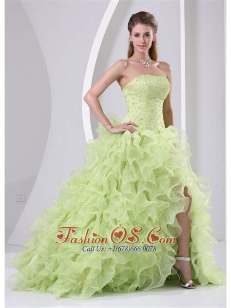 High Slit Beaded And Ruffled Yellow Green Brush Train Dama Dresses For