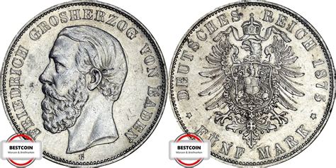 BADEN 5 Mark 1875 G J 27 geprägt unter Großherzog Friedrich I fast