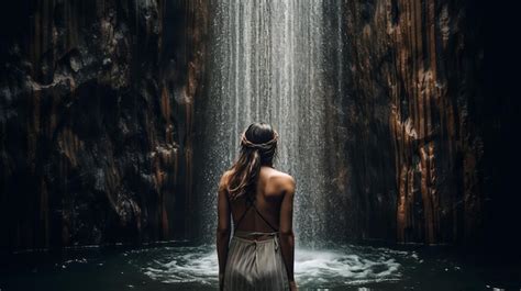 Premium Photo Attractive And Inviting Woman Under The Waterfall Full Body From Behind High