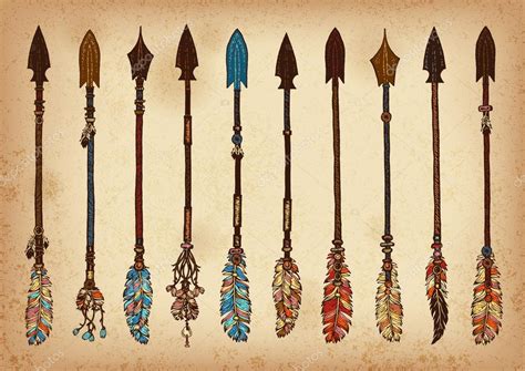 Set Of 10 Colored Hand Drawing Ink Traditional Indian Arrow Elements