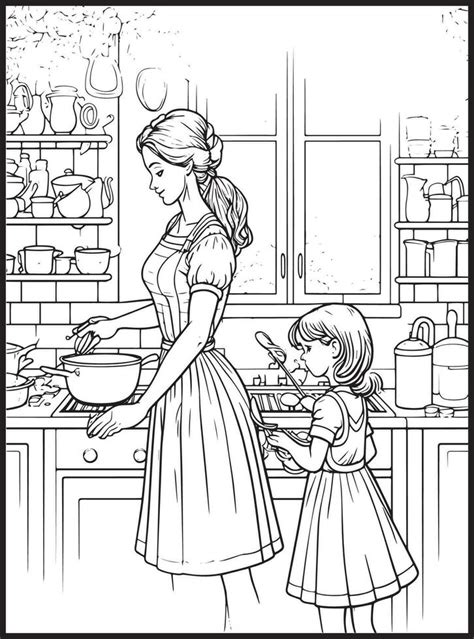 Mother Son Kitchen Coloring Page 23175406 Vector Art At Vecteezy