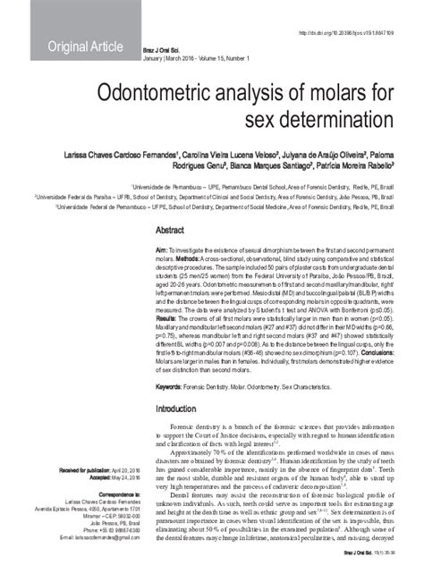 Pdf Odontometric Analysis Of Molars For Sex Determination