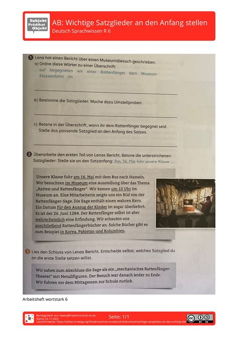 Arbeitsblatt Wichtige Satzglieder An Den Anfang Stellen Deutsch Sprachwissen