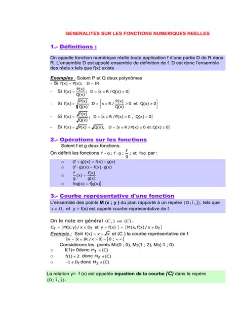 GENERALITES SUR LES FONCTIONS NUMERIQUES REELLES