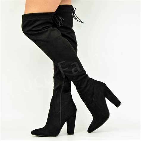 New Womens Ladies Over The Knee Side Zip Boots High Block Heel Shoes Size Uk 3 8 Ebay