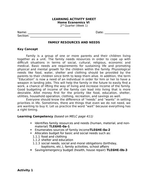 Activity Sheet He Week 1 Learning Activity Sheet Home Economics Vi 2 Nd Quarter Week 1 Name