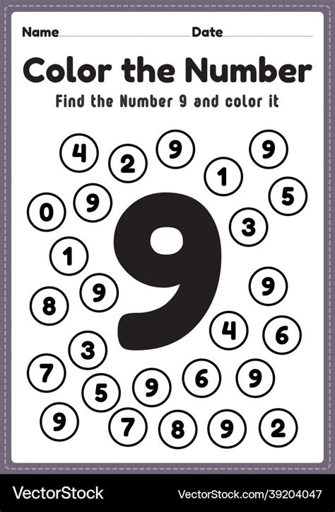 Number Worksheets For Preschool 9 Coloring Vector Image